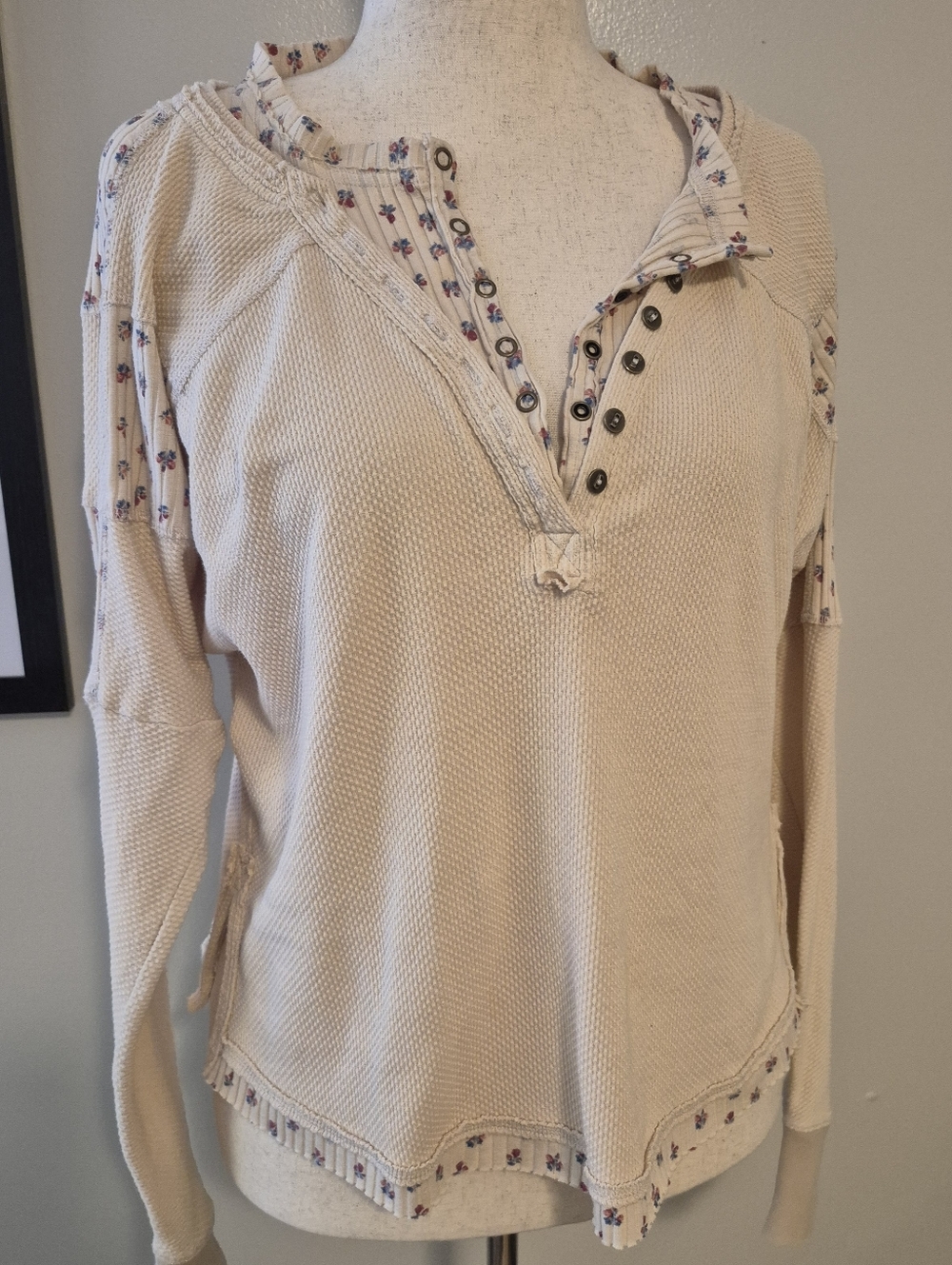 FREE PEOPLE layered Y2K Cream Waffle-Knit Henley Top Floral Patchwork Trim S -L